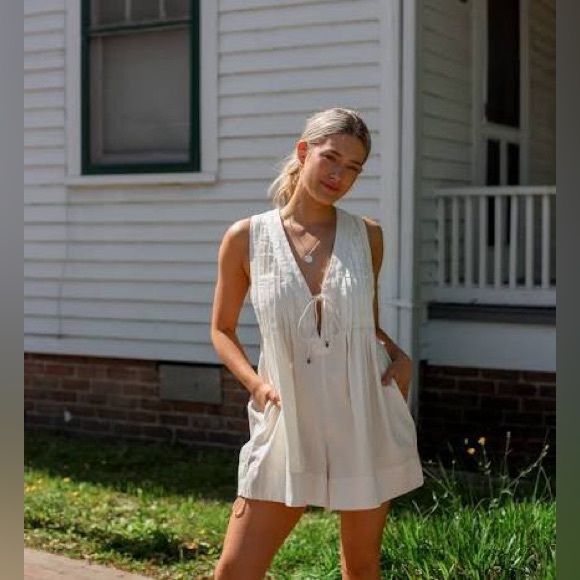 new Free People Webster denim romper in ecru cream wash
